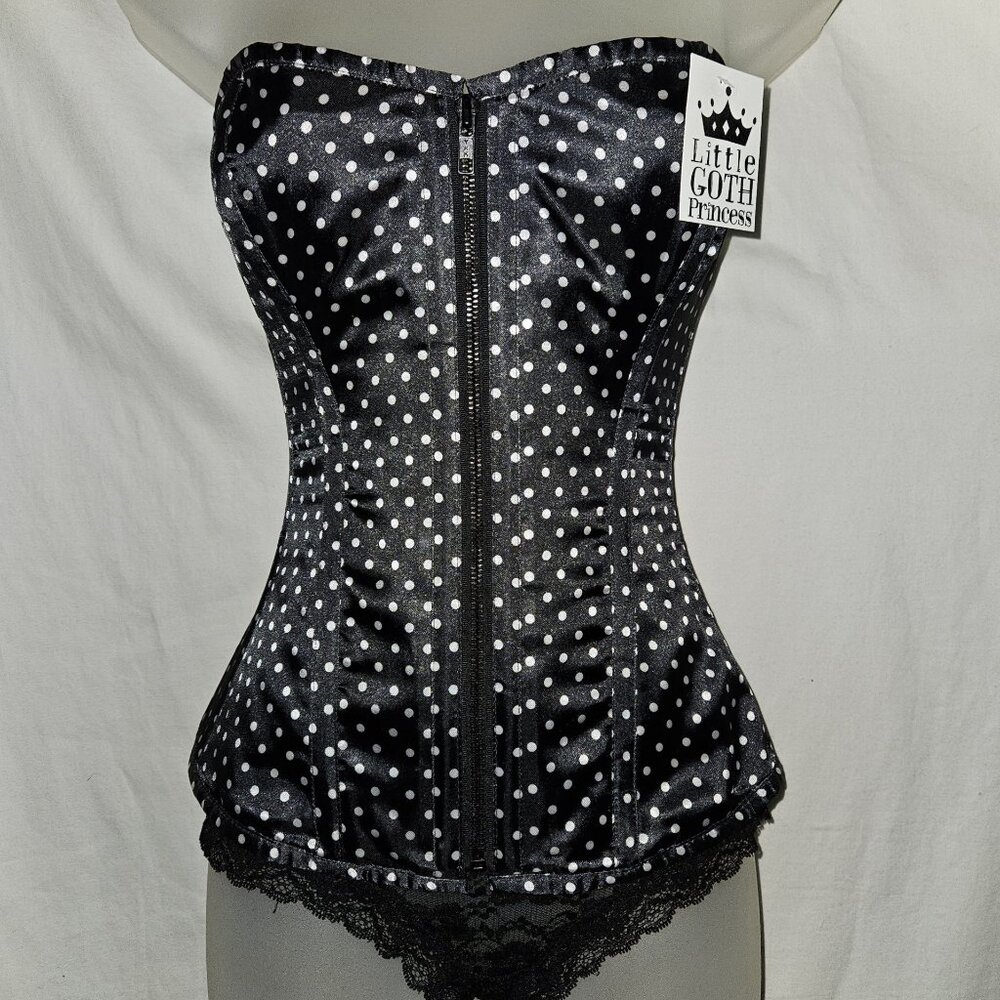 NWT XS/22" 1069 BK/WT POLKA DOT TIGHT LACING ZIPPER CORSET BURLESQUE ROCKABILLY